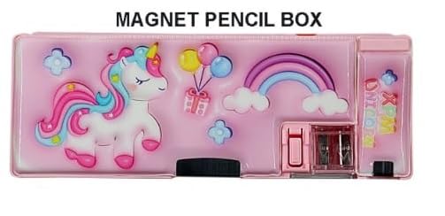 Kids' pink magnetic compass box with pop-out compartments, built-in sharpener, and unicorn, rainbow, balloon graphics. www.usmile.toys