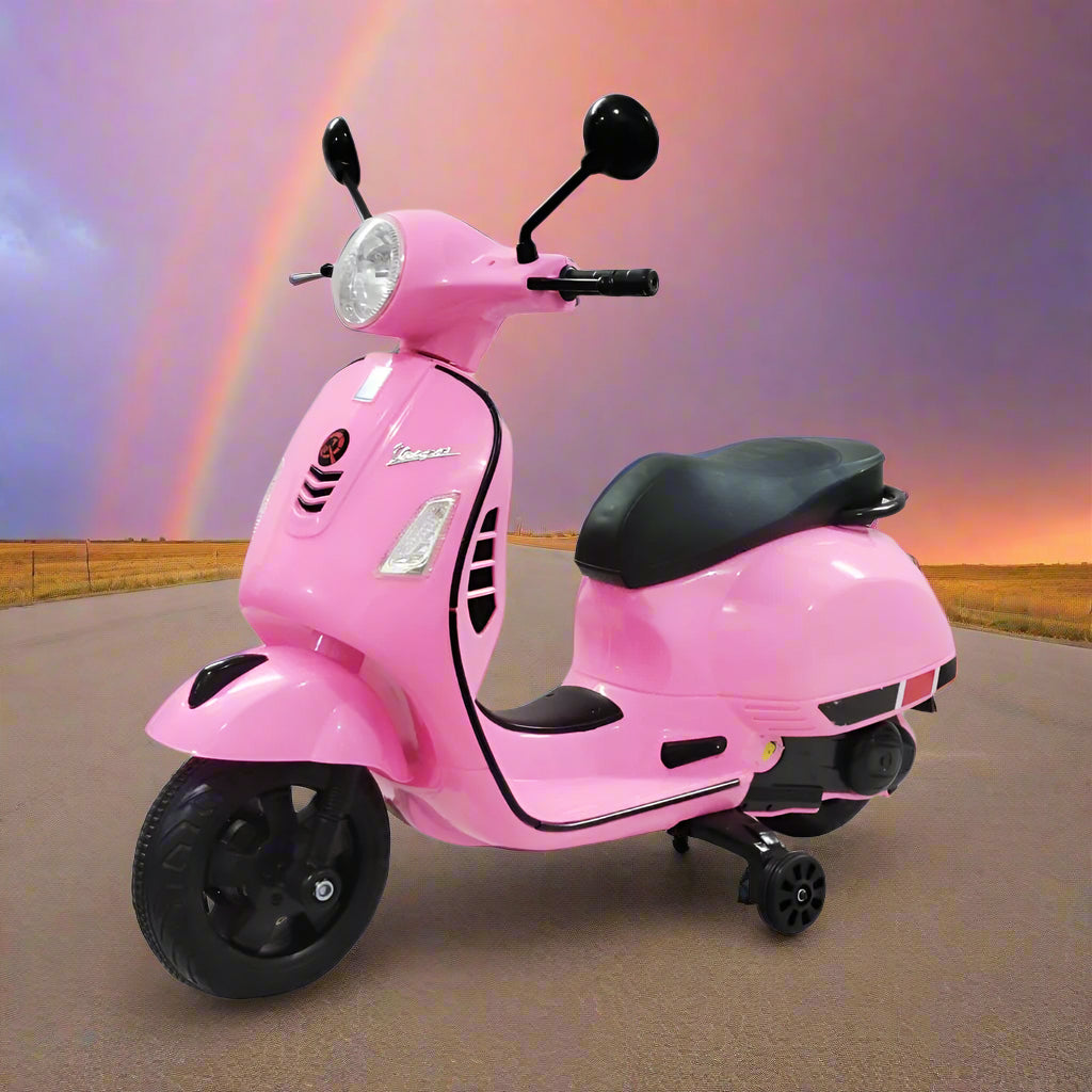 Usmile Toys pink Vespa rechargeable electric scooter for girls and boys, 12V ride-on toy with working lights WWW.USMILE.TOYS