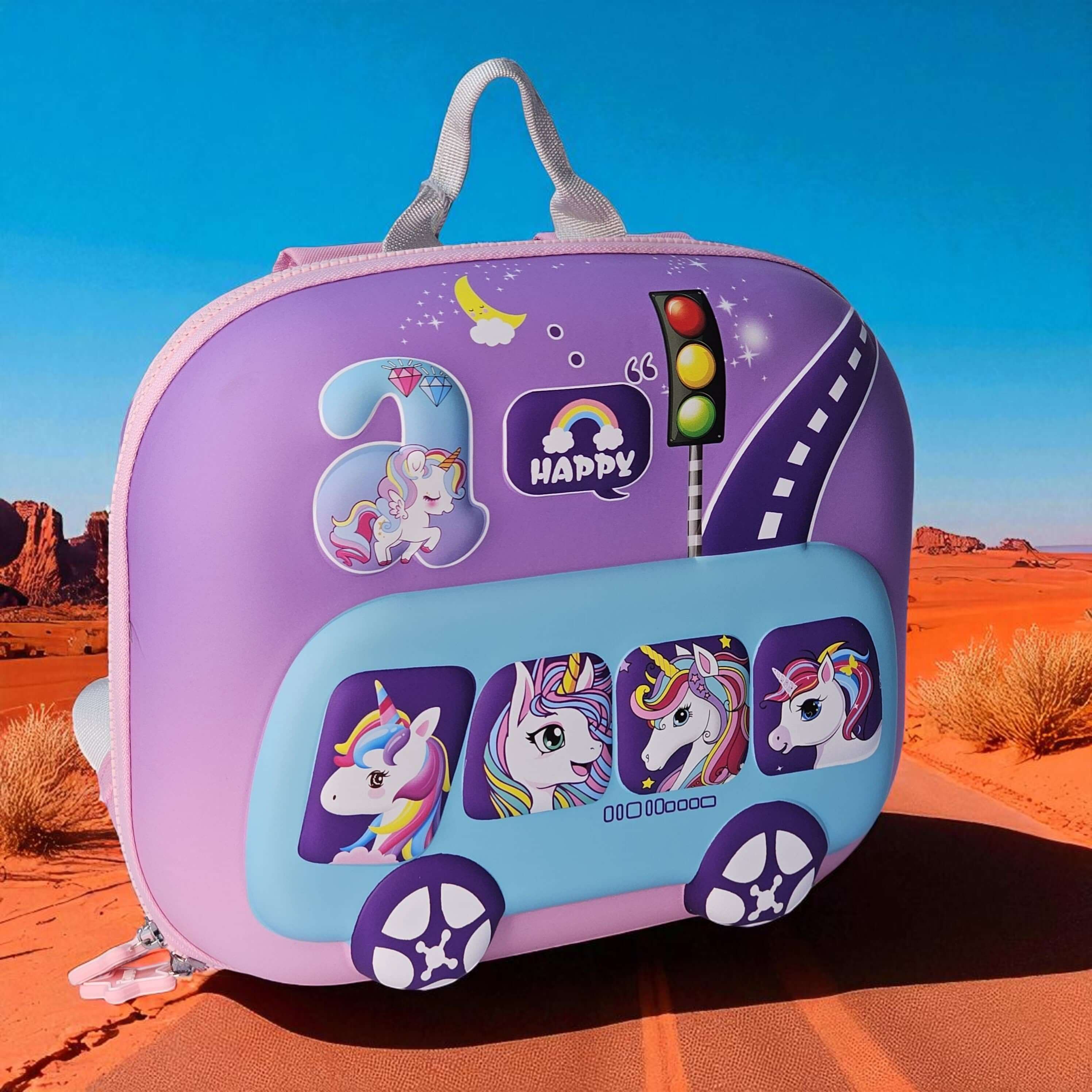 Children's suitcase with unicorn designs on a desert background