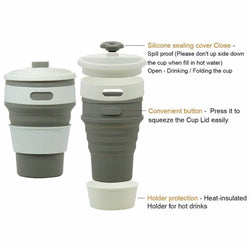 Collapsible travel mug with features highlighted on a white background
