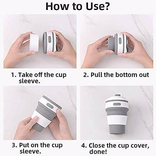 Instructions on how to use a collapsible silicone cup with text overlay.