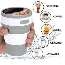 Reusable coffee cup with silicone sleeve held by a hand, surrounded by icons of different beverages.