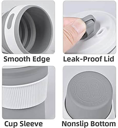 Collage of a white silicone cup with features labeled: Smooth Edge, Leak-Proof Lid, Cup Sleeve, and Nonslip Bottom.