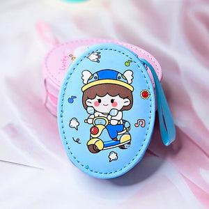 Six colorful cute cartoon oval mini zipper pouches with bear, bunny, duck, cake, and cloud designs, perfect for coins, earphones, and small accessories