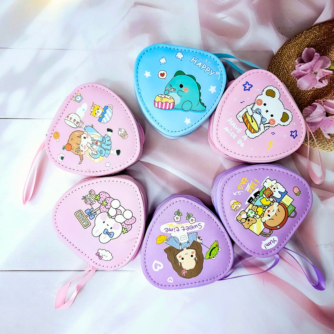 Six colorful cute cartoon triangle mini zipper pouches with dinosaur, bear, girl, and bunny designs, perfect for coins, earphones, and small accessories