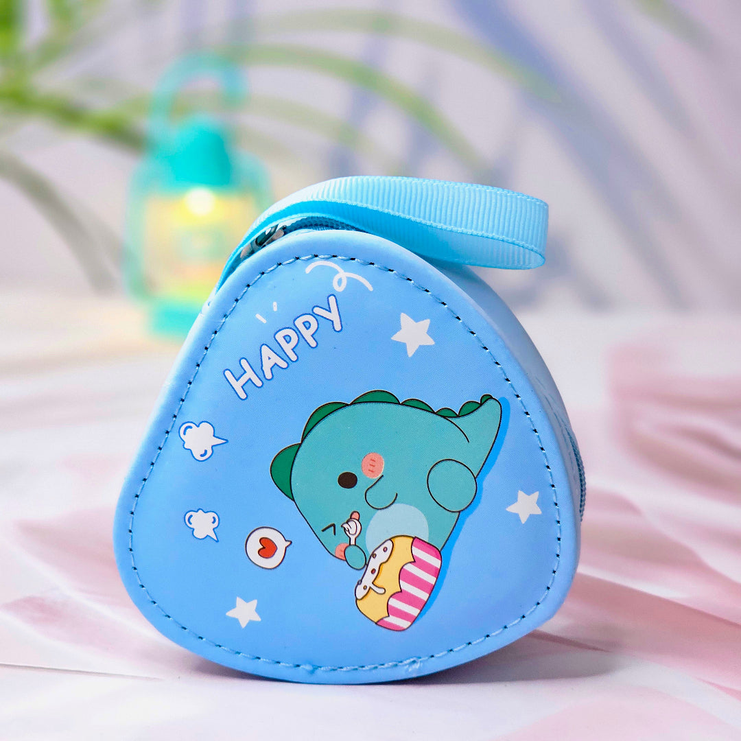 Six colorful cute cartoon triangle mini zipper pouches with dinosaur, bear, girl, and bunny designs, perfect for coins, earphones, and small accessories