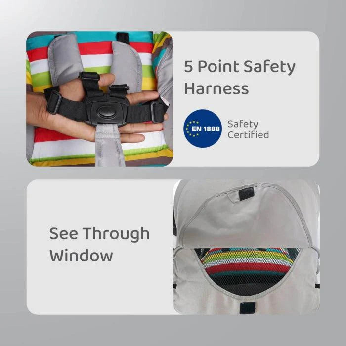 Grey R For Rabbit Chocolate Ride Baby Stroller with a multi-colored striped seat cushion, adjustable canopy, cup holder, and a sturdy frame. Designed for comfortable and secure baby travel. From uSmile.toys." www.usmile.toys