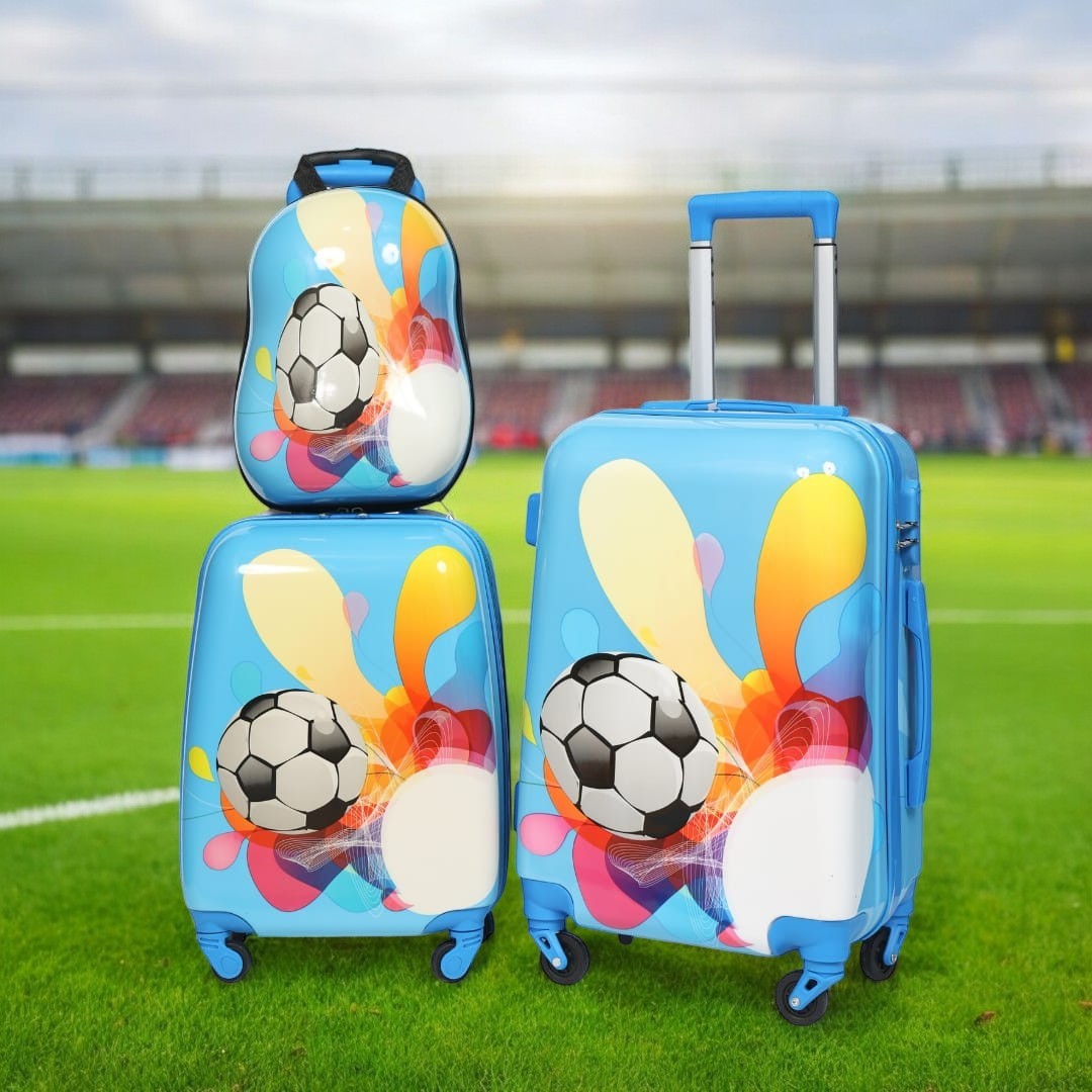 Blue football kids travel luggage 3 piece combo set, including a backpack, small trolley, and large trolley bag. Perfect children's travel bags for www.usmile.toys