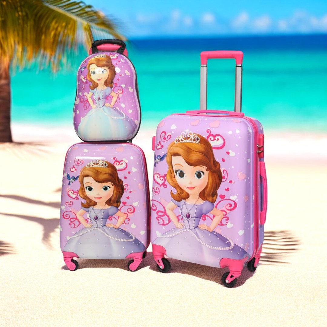 Pink Princess Sofia kids travel luggage 3 piece combo set, including a backpack, small trolley, and large trolley bag. Ideal children's travel bags for www.usmile.toys