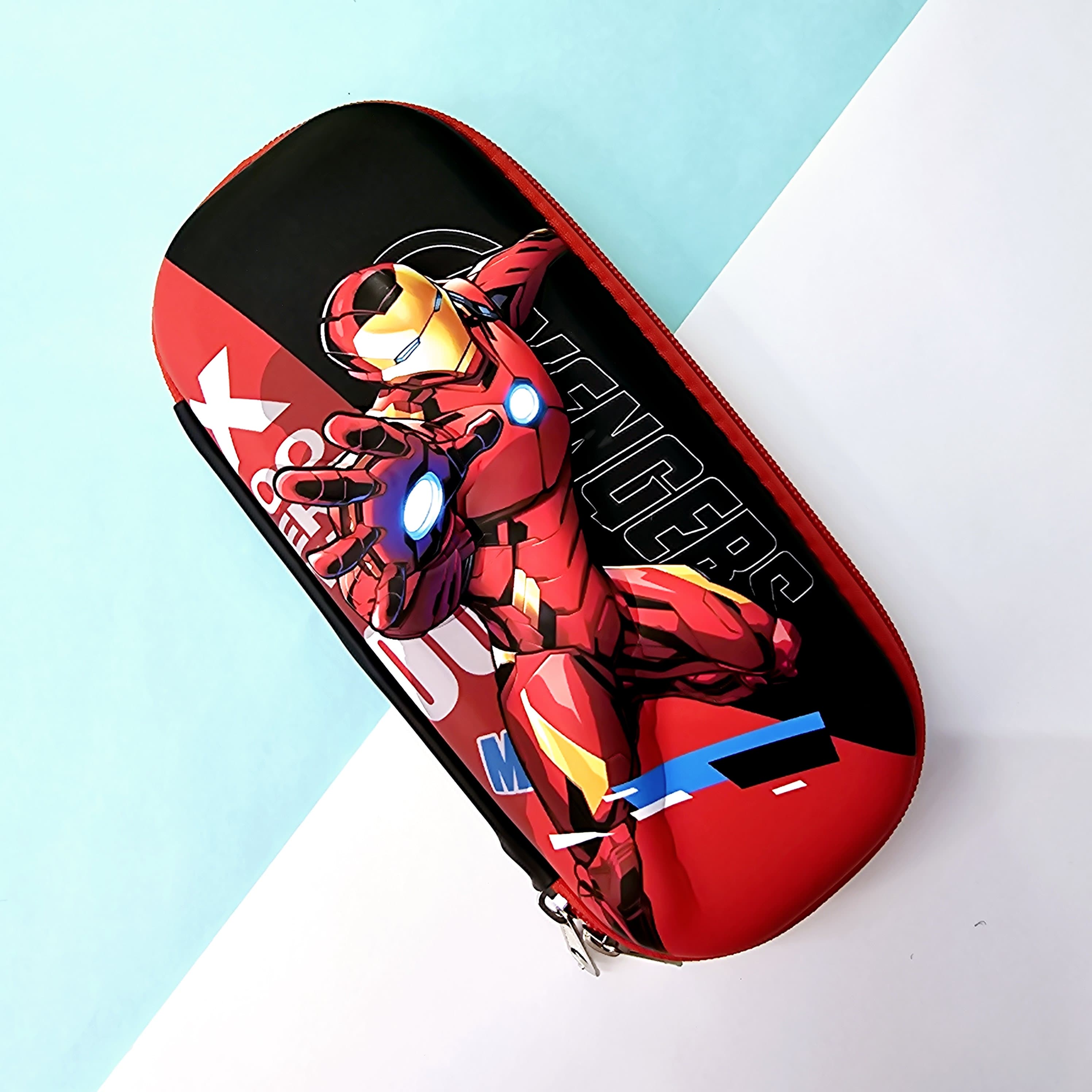 Red and black Marvel Avengers superhero pencil pouch for kids, featuring Iron Man. Ideal stationery case for school supplies and boys' gifts from usmile.toys. www.usmile.toys