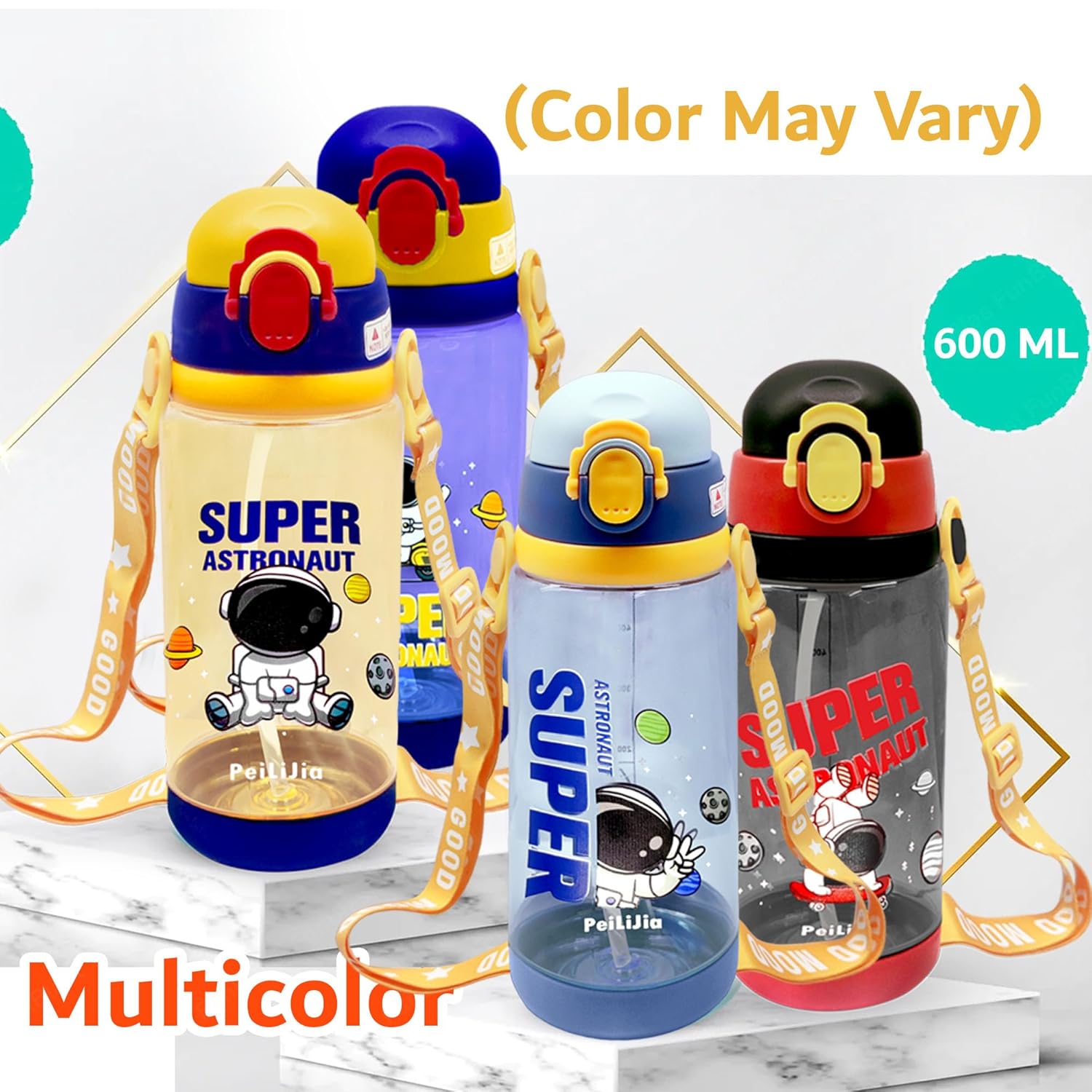 600ml astronaut-themed water bottle for kids featuring a leak-proof design and one-touch flip-open lid. The bottle has a transparent body with space and cartoon graphics, including the word 'SUPER' and an astronaut illustration. The cap is shown in a close-up inset, highlighting the one-key button for opening. The bottle is partially submerged in splashing water, emphasizing its leakproof and durable quality. Available in random colors, ideal for school or travel use