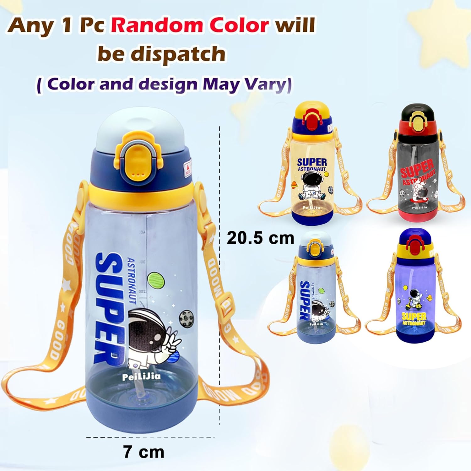 600ml astronaut-themed water bottle for kids featuring a leak-proof design and one-touch flip-open lid. The bottle has a transparent body with space and cartoon graphics, including the word 'SUPER' and an astronaut illustration. The cap is shown in a close-up inset, highlighting the one-key button for opening. The bottle is partially submerged in splashing water, emphasizing its leakproof and durable quality. Available in random colors, ideal for school or travel use