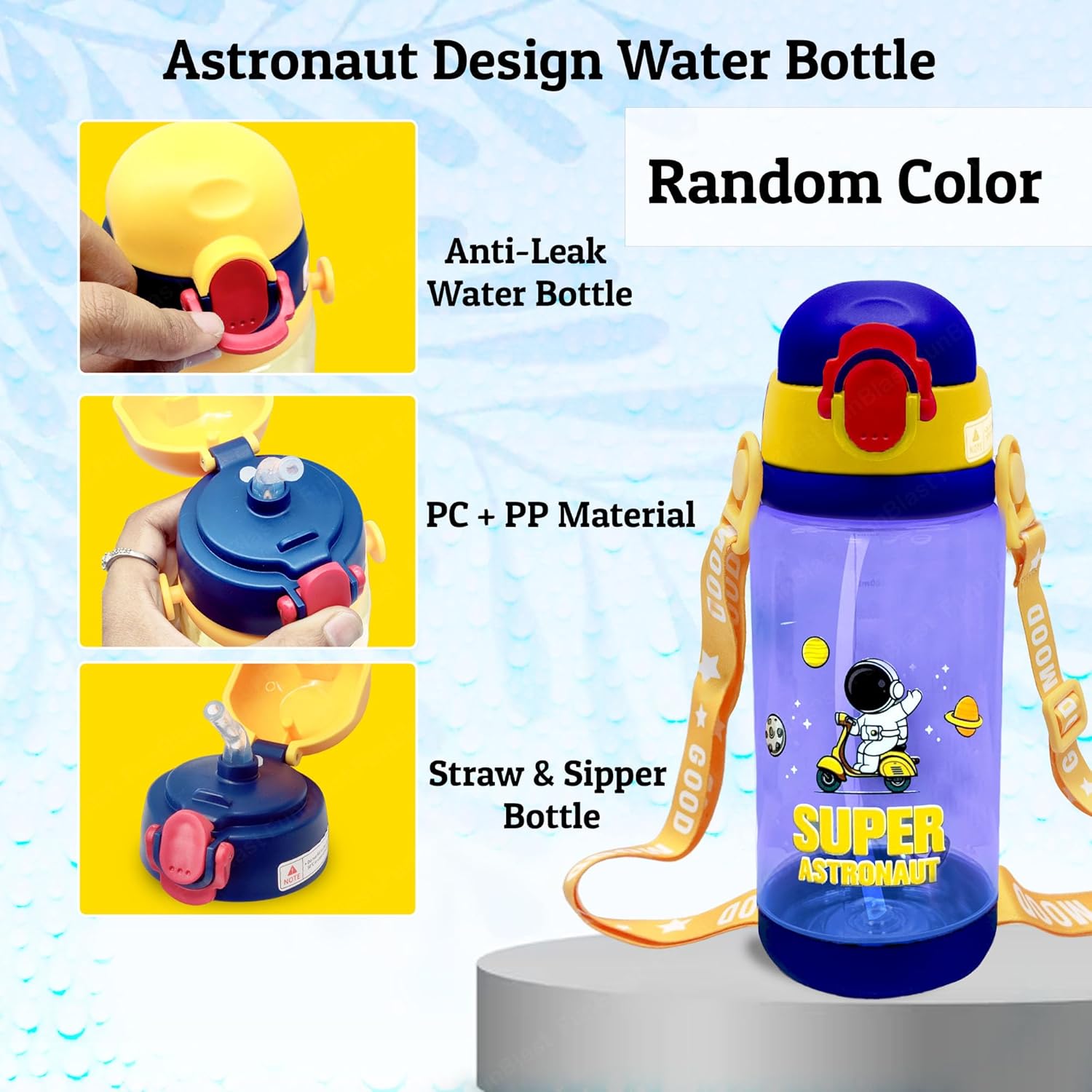 600ml astronaut-themed water bottle for kids featuring a leak-proof design and one-touch flip-open lid. The bottle has a transparent body with space and cartoon graphics, including the word 'SUPER' and an astronaut illustration. The cap is shown in a close-up inset, highlighting the one-key button for opening. The bottle is partially submerged in splashing water, emphasizing its leakproof and durable quality. Available in random colors, ideal for school or travel use