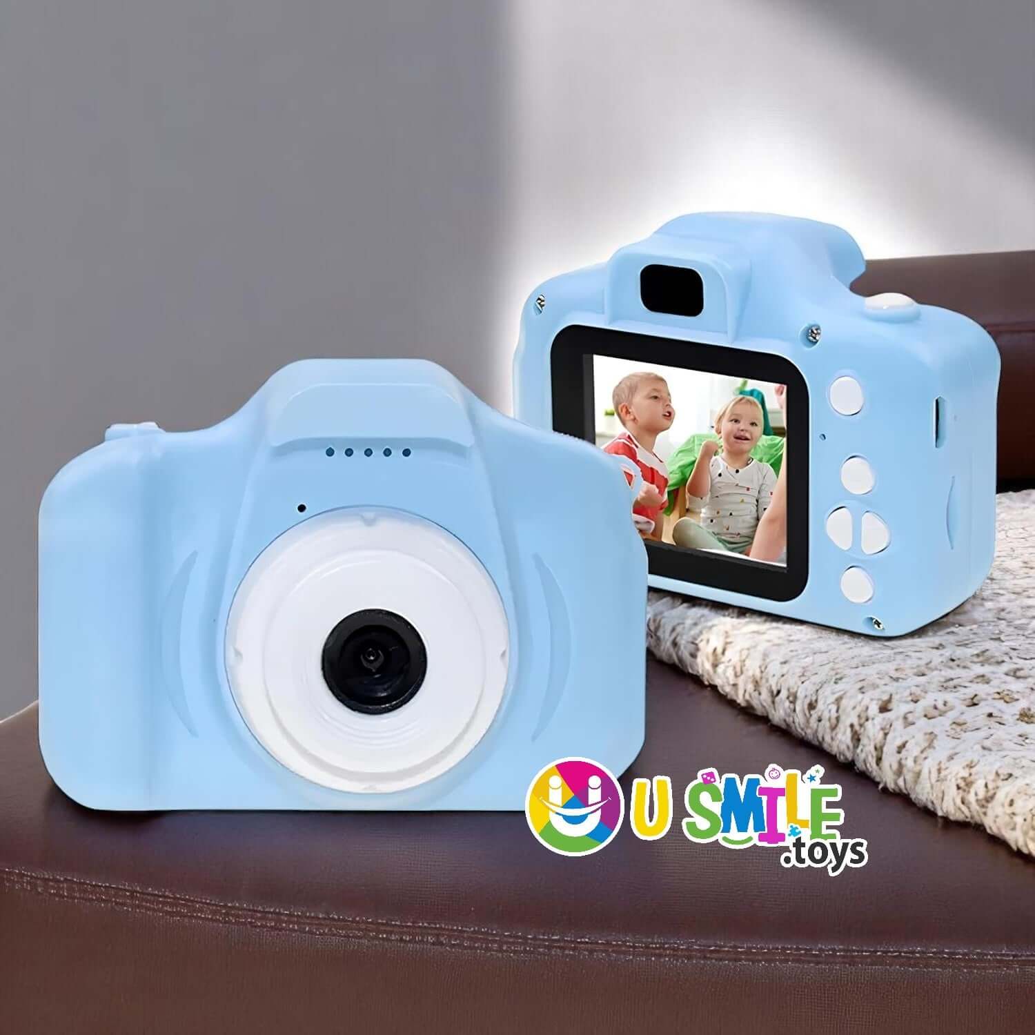  blue kids digital cameras, one showing kids on 2-inch screen, perfect activity toy www.usmile.toys