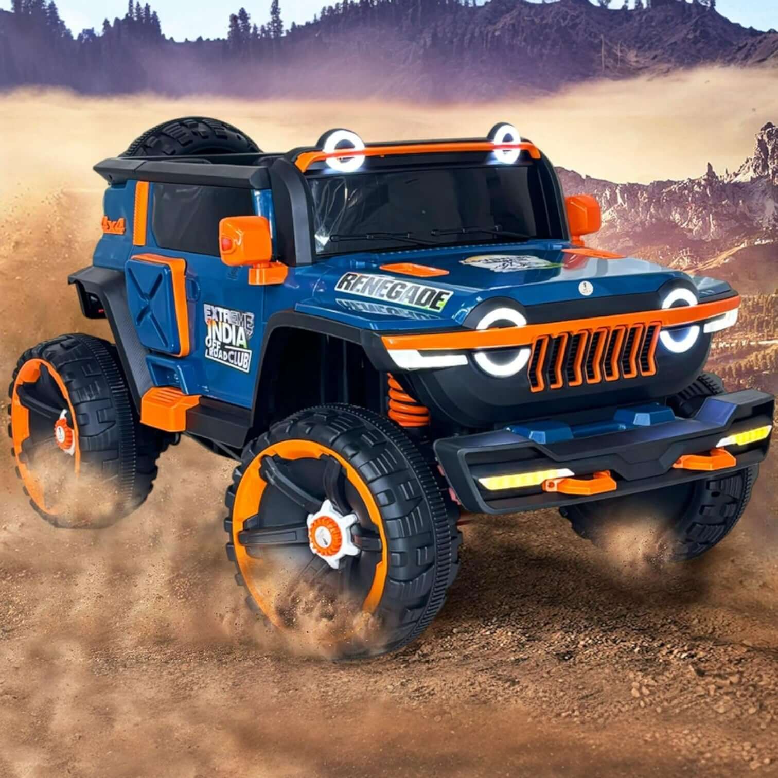 Toy jeep with orange accents driving on a dirt road with mountains in the background