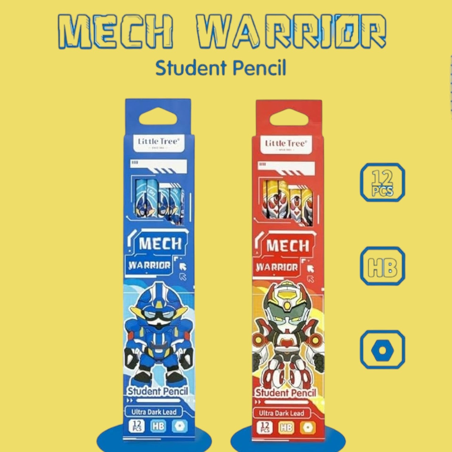 Mech Warrior Student HB Pencils with Ultra Dark Lead, featuring robot character designs on the packaging. www.usmile.toys