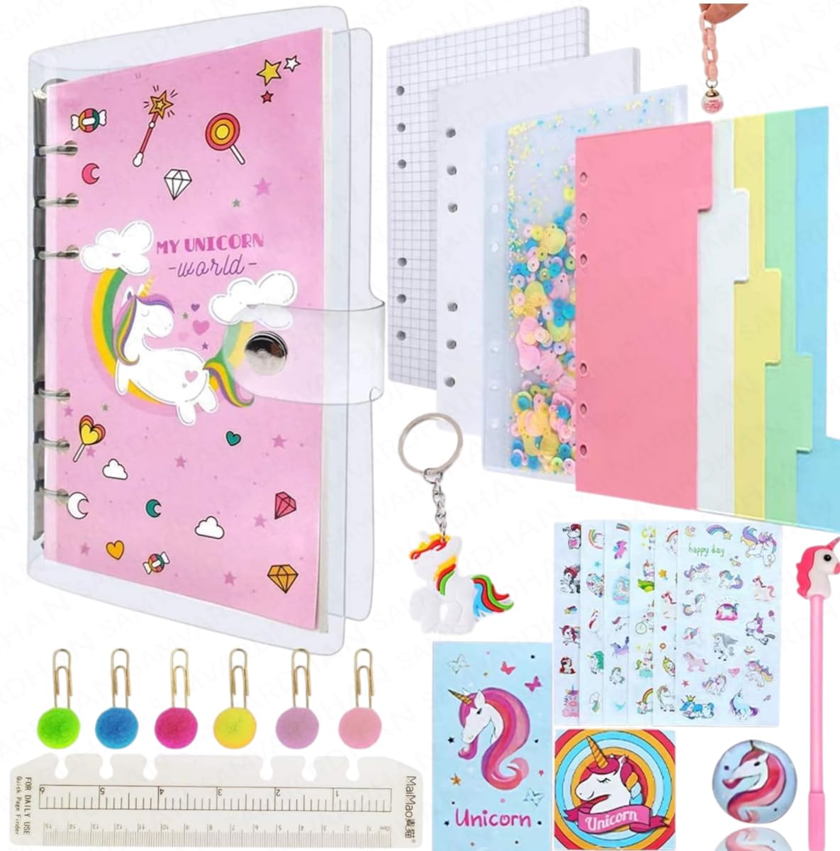 DIY unicorn themed A6 binder diary for girls, includes a pen, ruler, stickers, charms, and colourful inserts for creative journaling in www.usmile.toys.
