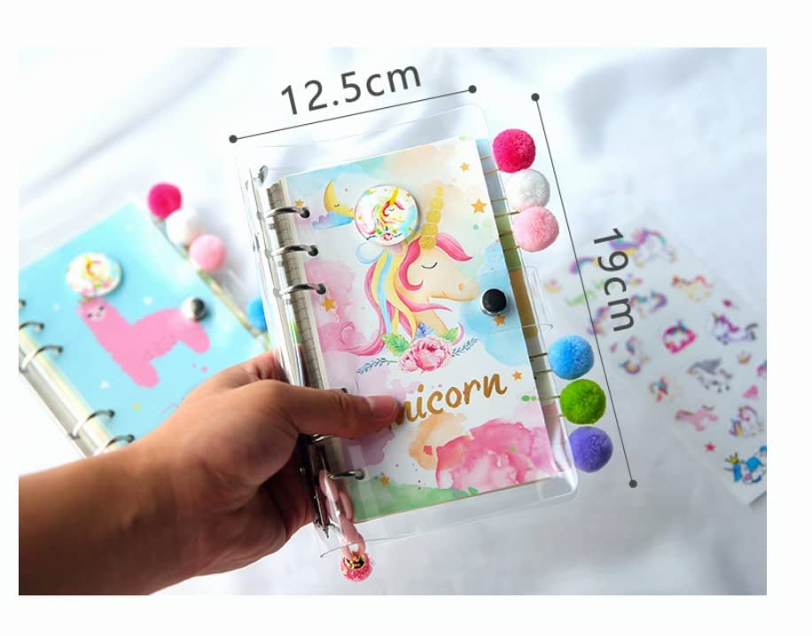 Personalized unicorn design A6 ring binder diary for kids, comes with a unicorn pen, decorative stickers, page dividers, and fluffy charms for journaling fun in www.usmile.toys.
