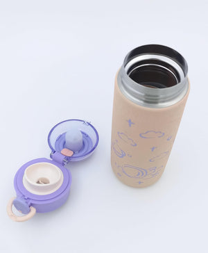 Set of four colorful double-walled vacuum insulated stainless steel bottles for kids, each with a secure flip-top lid and unique astronaut/space-themed cartoon prints in green, blue, purple, and white. Ideal for hot or cold beverages from uSmile.toys."