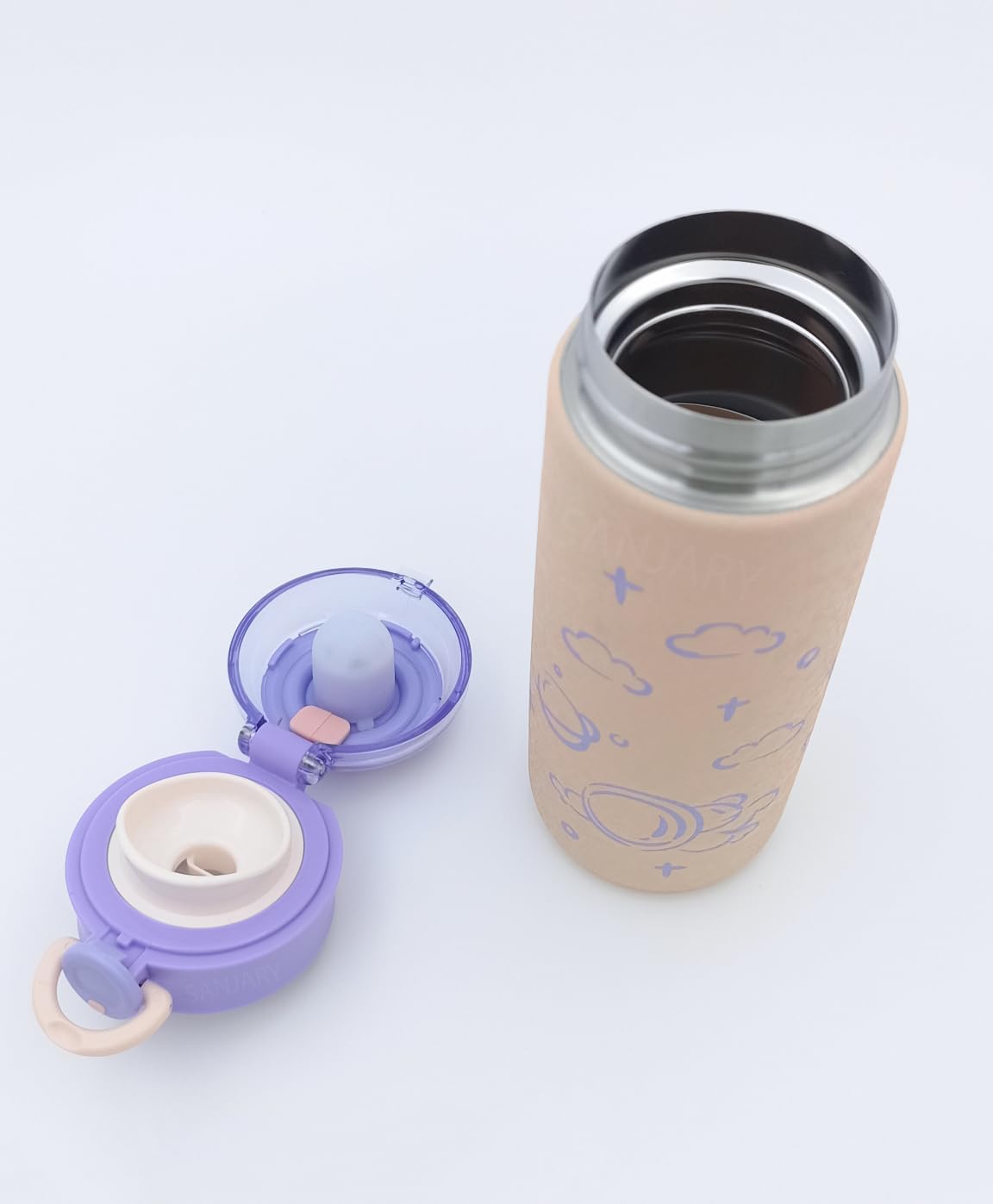 Set of four colorful double-walled vacuum insulated stainless steel bottles for kids, each with a secure flip-top lid and unique astronaut/space-themed cartoon prints in green, blue, purple, and white. Ideal for hot or cold beverages from uSmile.toys."