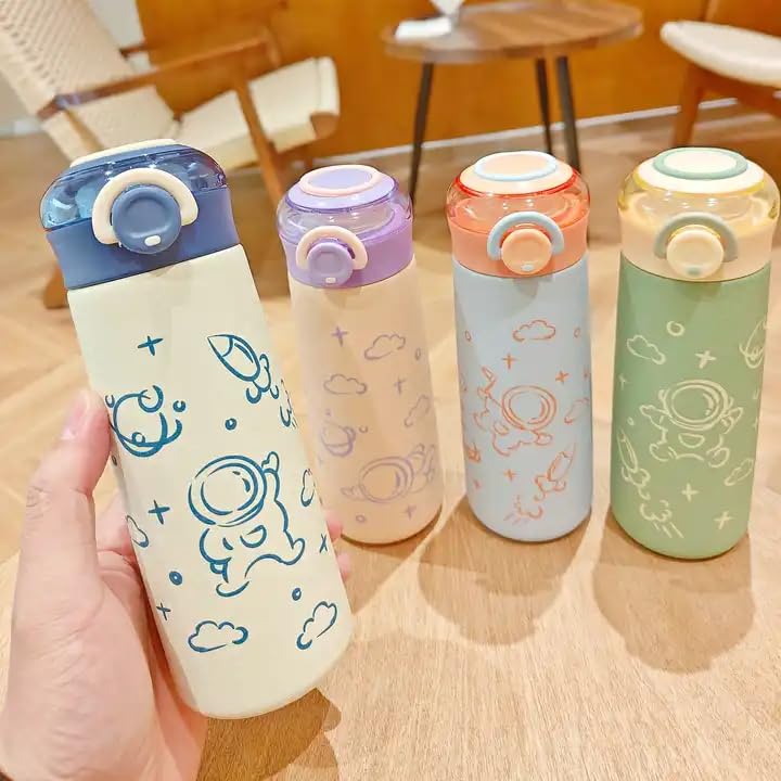 Set of four colorful double-walled vacuum insulated stainless steel bottles for kids, each with a secure flip-top lid and unique astronaut/space-themed cartoon prints in green, blue, purple, and white. Ideal for hot or cold beverages from uSmile.toys." www.usmile.toys
