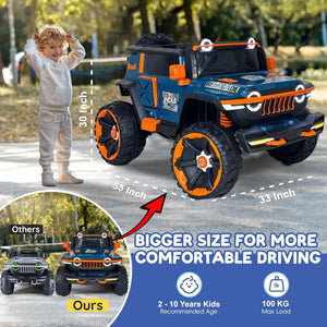 Toy truck with child for scale, highlighting larger size and features.