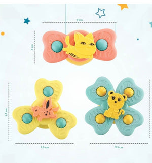 Three butterfly-shaped toys with bear figures on a white background with measurements.