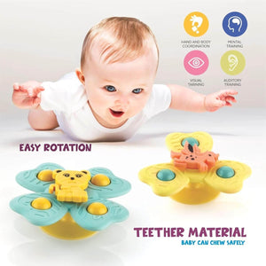 Baby lying on a white surface with butterfly-shaped teething toys and text highlighting developmental benefits.