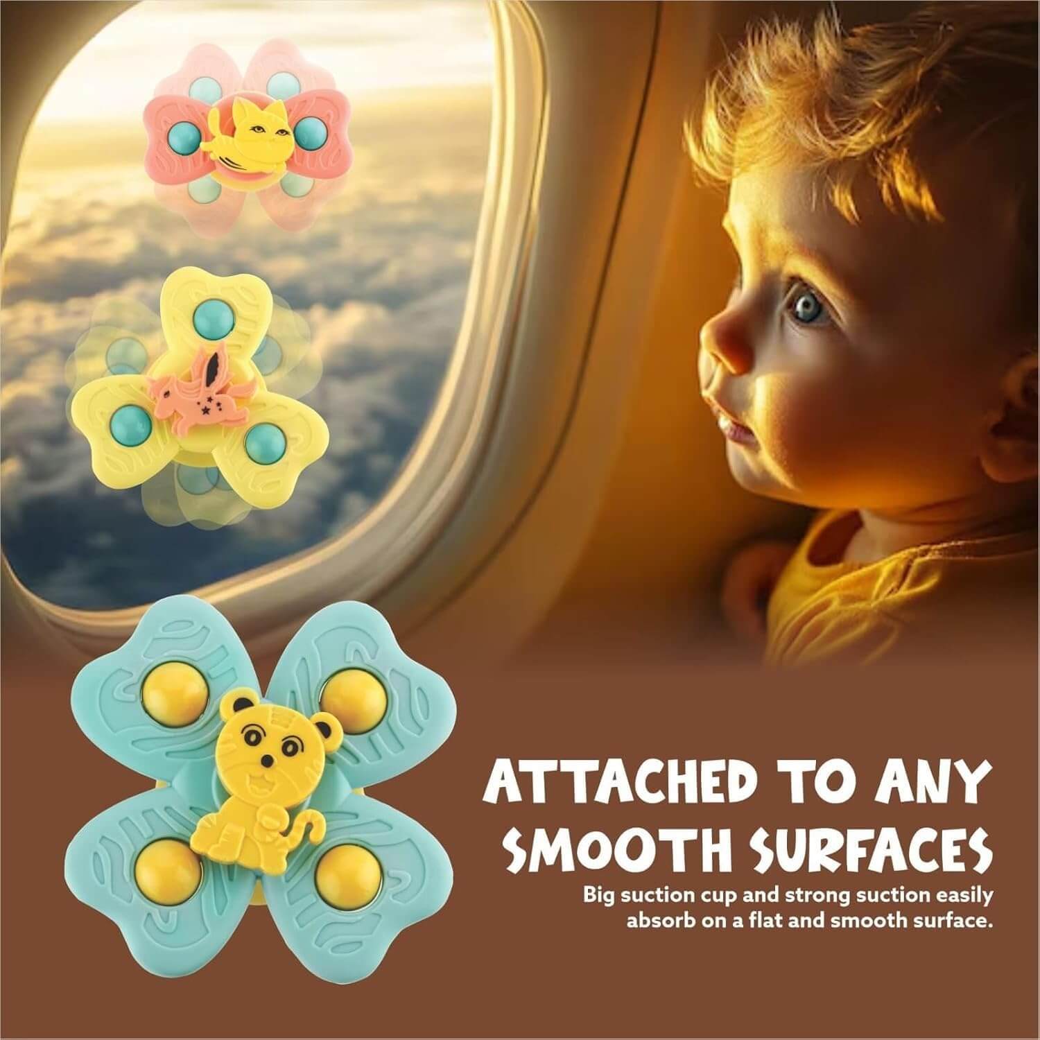 Child looking out of an airplane window with butterfly-shaped fidget toys attached to the window.