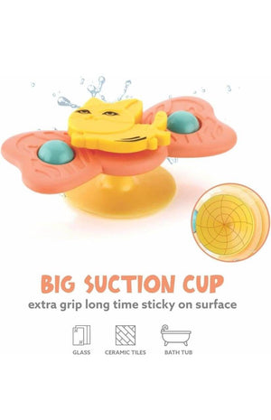 Colorful suction cup toy with text on a white background