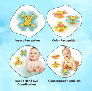 Educational toys for babies with text labels on a blue background