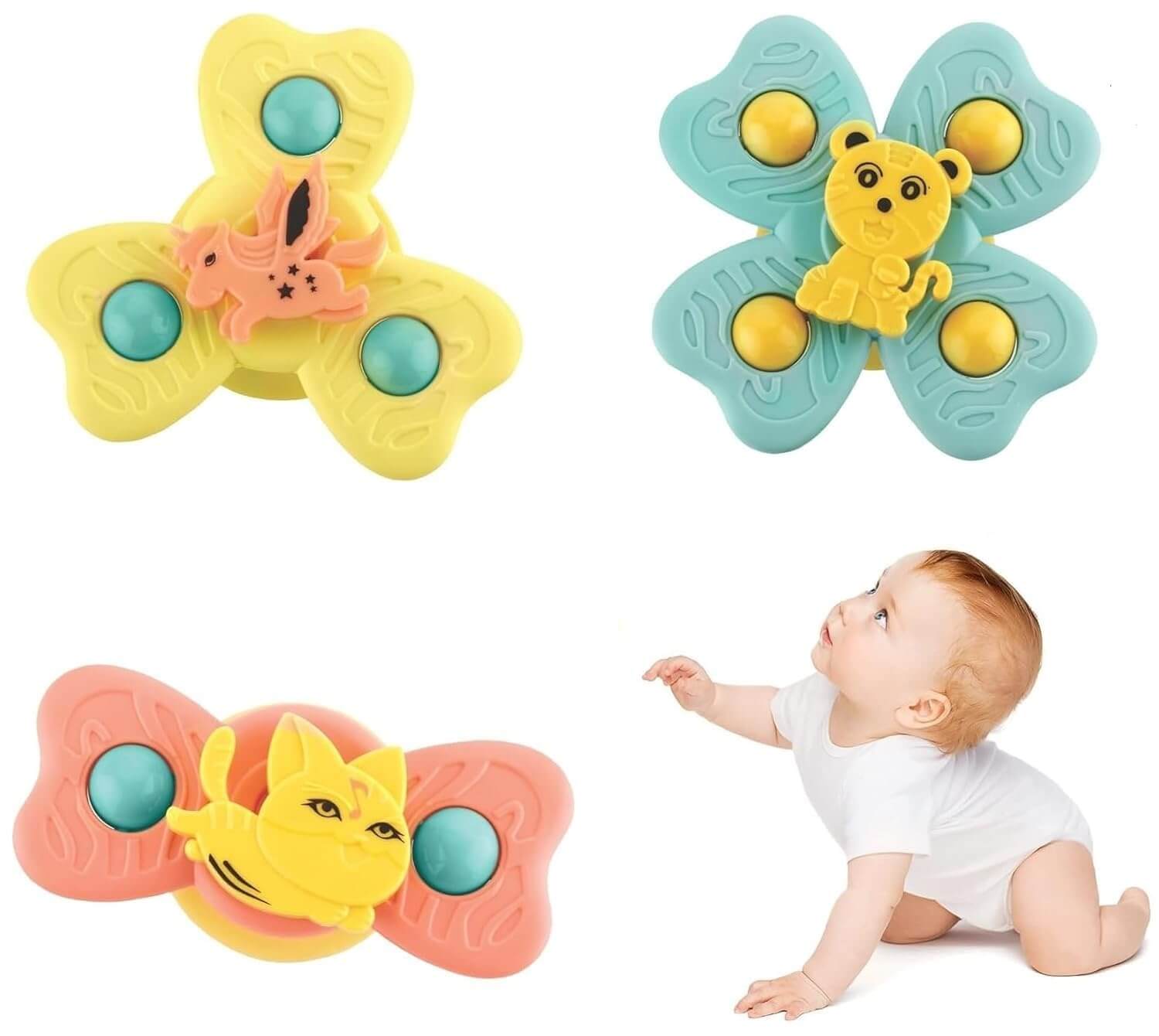 Three colorful butterfly-shaped toys with a baby reaching for one of them on a white background.