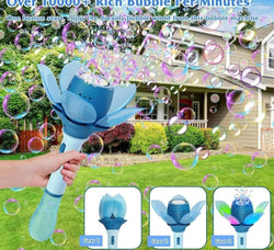 Fun flower-shaped electric bubble wand for children, an automatic bubble maker that creates a continuous stream of bubbles, ideal for outdoor entertainment and sensory play. www.usmile.toys