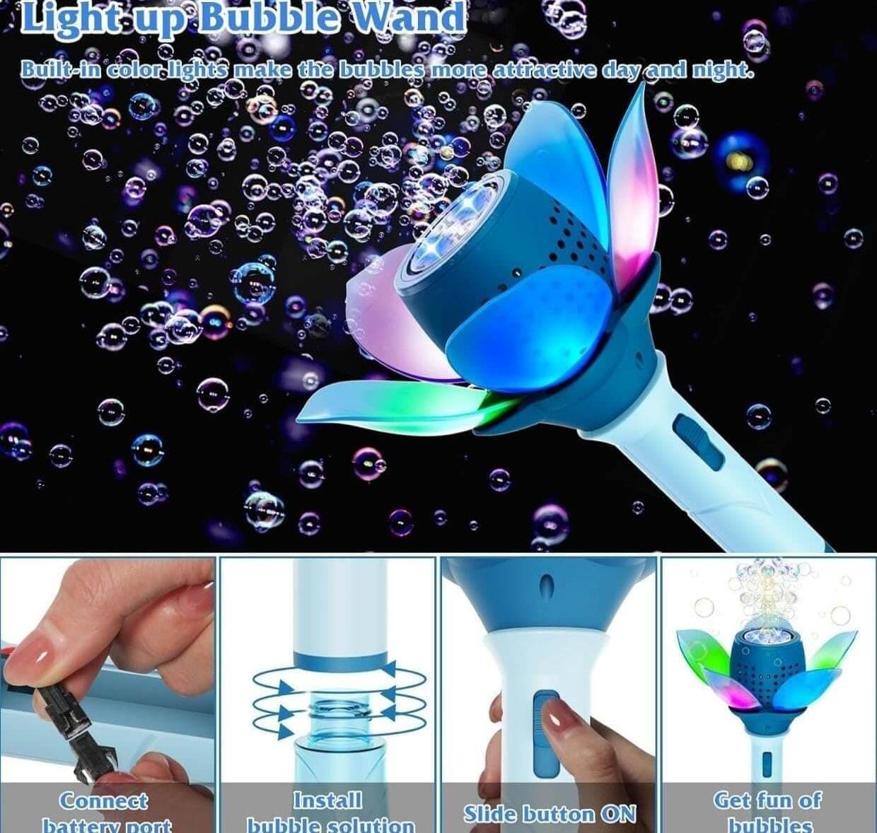 Fun flower-shaped electric bubble wand for children, an automatic bubble maker that creates a continuous stream of bubbles, ideal for outdoor entertainment and sensory play. www.usmile.toys