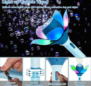 Fun flower-shaped electric bubble wand for children, an automatic bubble maker that creates a continuous stream of bubbles, ideal for outdoor entertainment and sensory play. www.usmile.toys