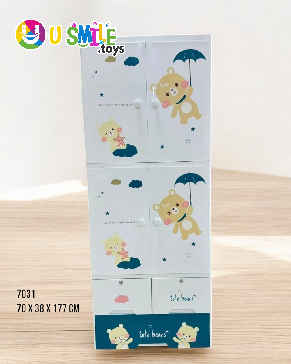 Bubby Ducky Baby Wardrobe (Almari) in white and light blue, featuring adorable cartoon duck illustrations. This plastic cupboard with multiple drawers and double doors measures 70 x 38 x 135 cm, perfect for nursery storage and organizing baby clothes on usmile.toys. www.usmile.toys