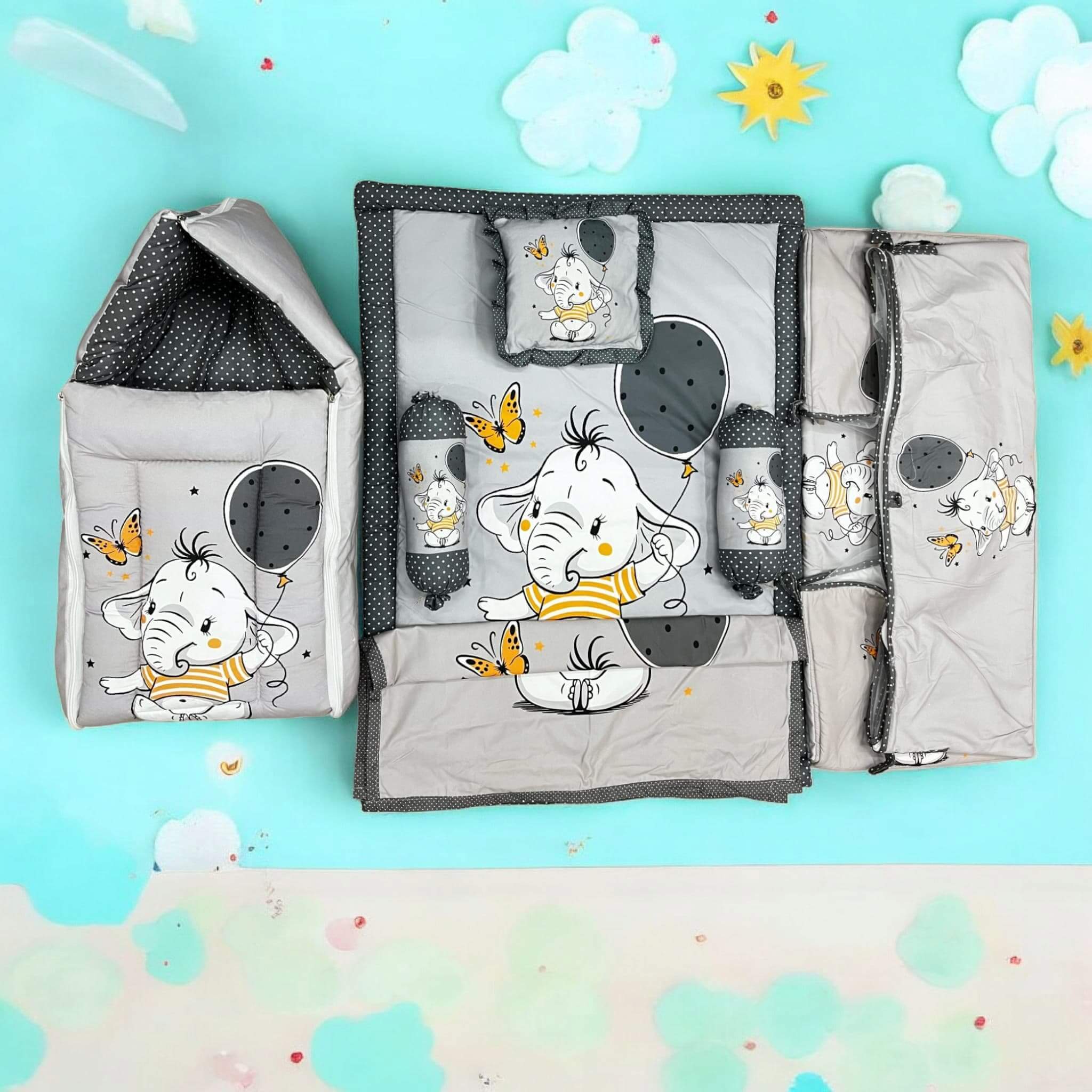 7 in 1 newborn baby bedding combo set in light green with cute elephant and leaf prints. Includes a baby sleeping bag, mattress, two bolsters, pillow, and two zip-up blankets, perfect for comfortable and safe infant sleep. Ideal for baby shower gifts and nursery decor. www.usmile.com