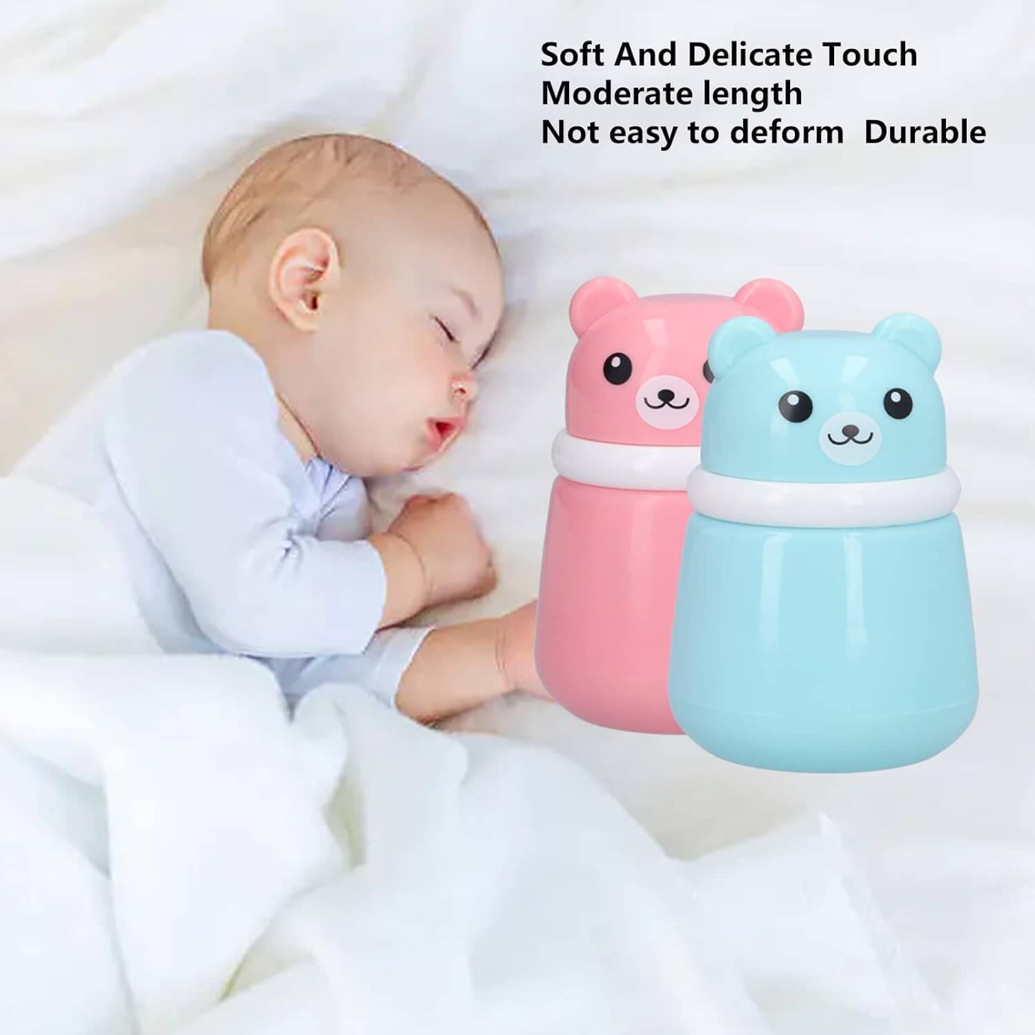 Cute pink cartoon bear-shaped powder puff case for kids, perfect for holding baby powder or talcum powder after bath time, designed for gentle application by Usmile Toys. www.usmile.toys