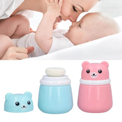 Fun and practical cartoon animal-themed powder puff holder, a hygiene accessory designed for infants and toddlers, featuring a soft applicator, available from Usmile Toys. www.usmlie.toys