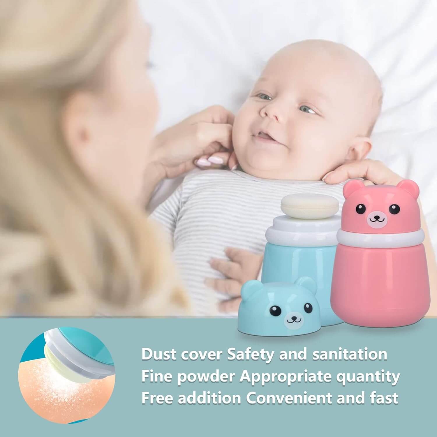 Cute pink cartoon bear-shaped powder puff case for kids, perfect for holding baby powder or talcum powder after bath time, designed for gentle application by Usmile Toys.www.usmile.toys