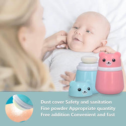 Cute pink cartoon bear-shaped powder puff case for kids, perfect for holding baby powder or talcum powder after bath time, designed for gentle application by Usmile Toys.www.usmile.toys