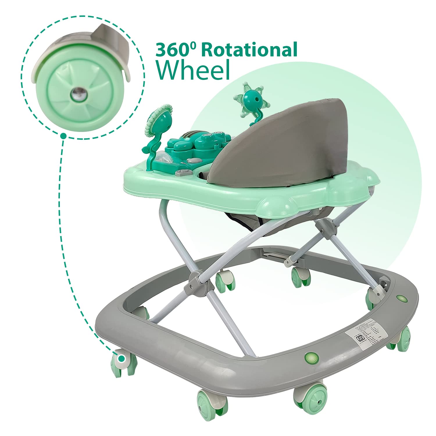 Dash Butterfly Walker from Usmile Toys in green, yellow, and grey, featuring a musical toy tray and adjustable height for babies. www.usmile.toys