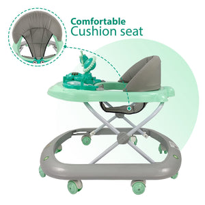 Dash Butterfly Walker from Usmile Toys in green, yellow, and grey, featuring a musical toy tray and adjustable height for babies. www.usmile.toys