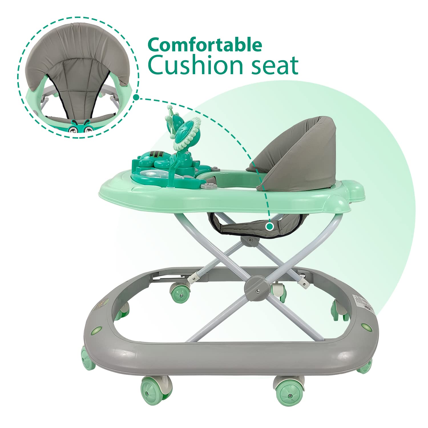 Dash Butterfly Walker from Usmile Toys in green, yellow, and grey, featuring a musical toy tray and adjustable height for babies. www.usmile.toys