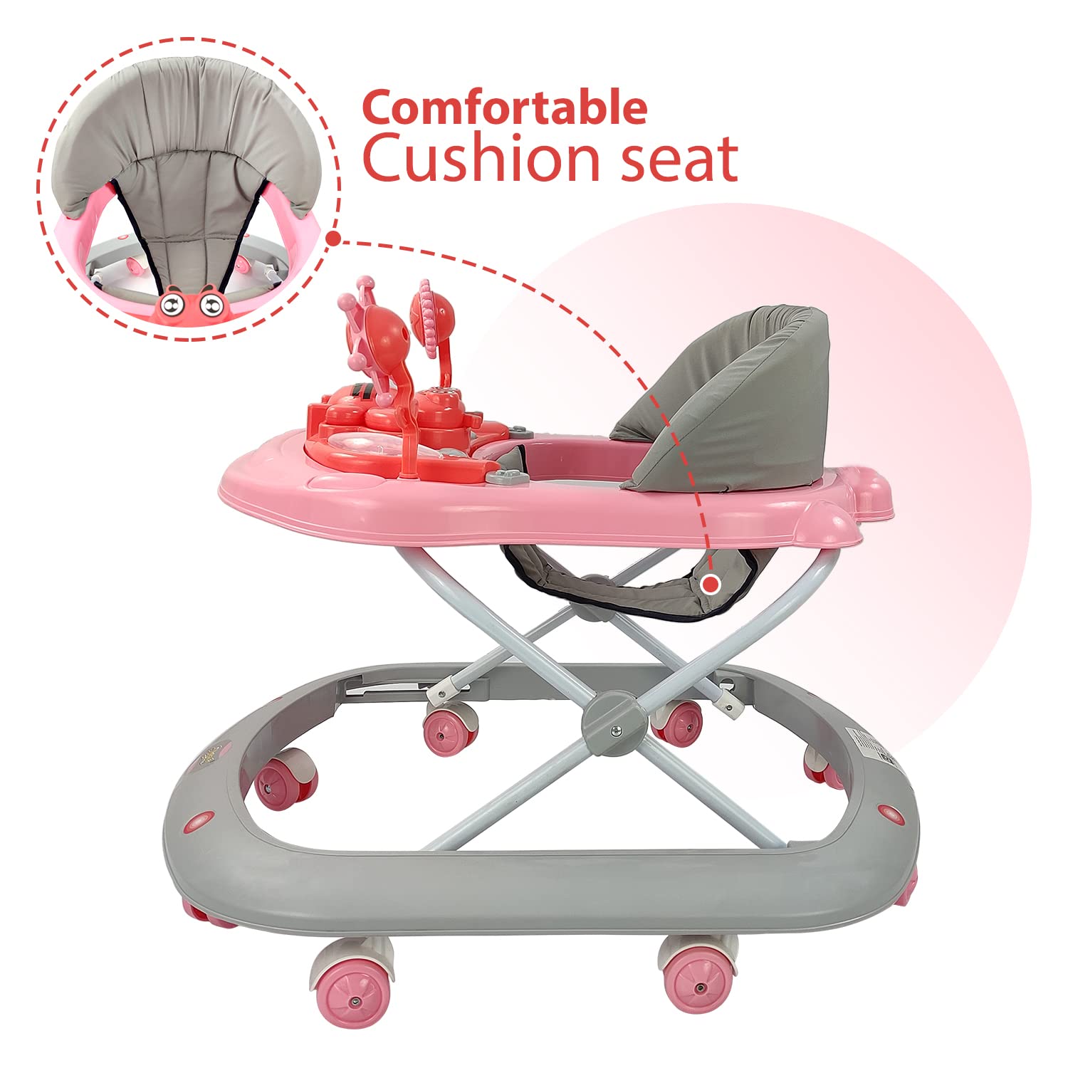 Dash Butterfly Walker from Usmile Toys in green, yellow, and grey, featuring a musical toy tray and adjustable height for babies. www.usmile.toys