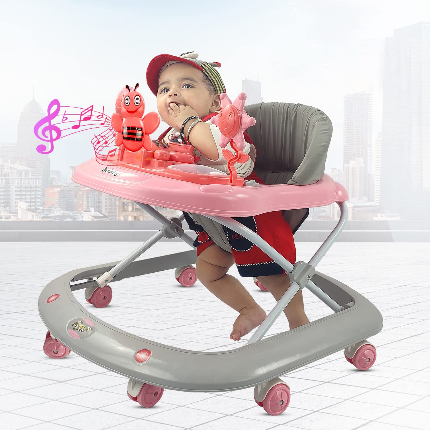 Dash Butterfly Walker from Usmile Toys in green, yellow, and grey, featuring a musical toy tray and adjustable height for babies. www.usmile.toys