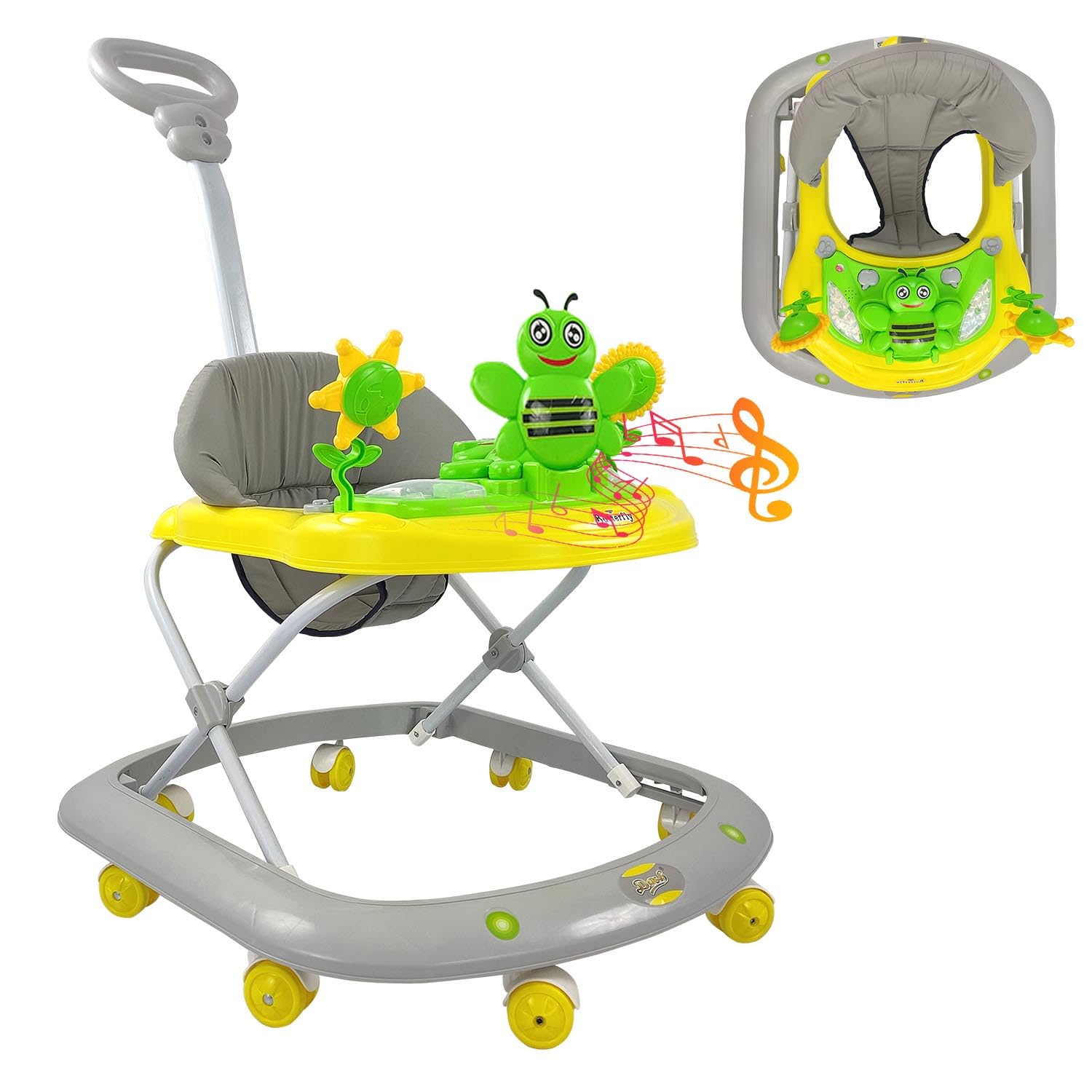 Sturdy and colorful baby walker in a natural outdoor setting, equipped with engaging butterfly-themed toys and Usmile branding www.usmile.toys