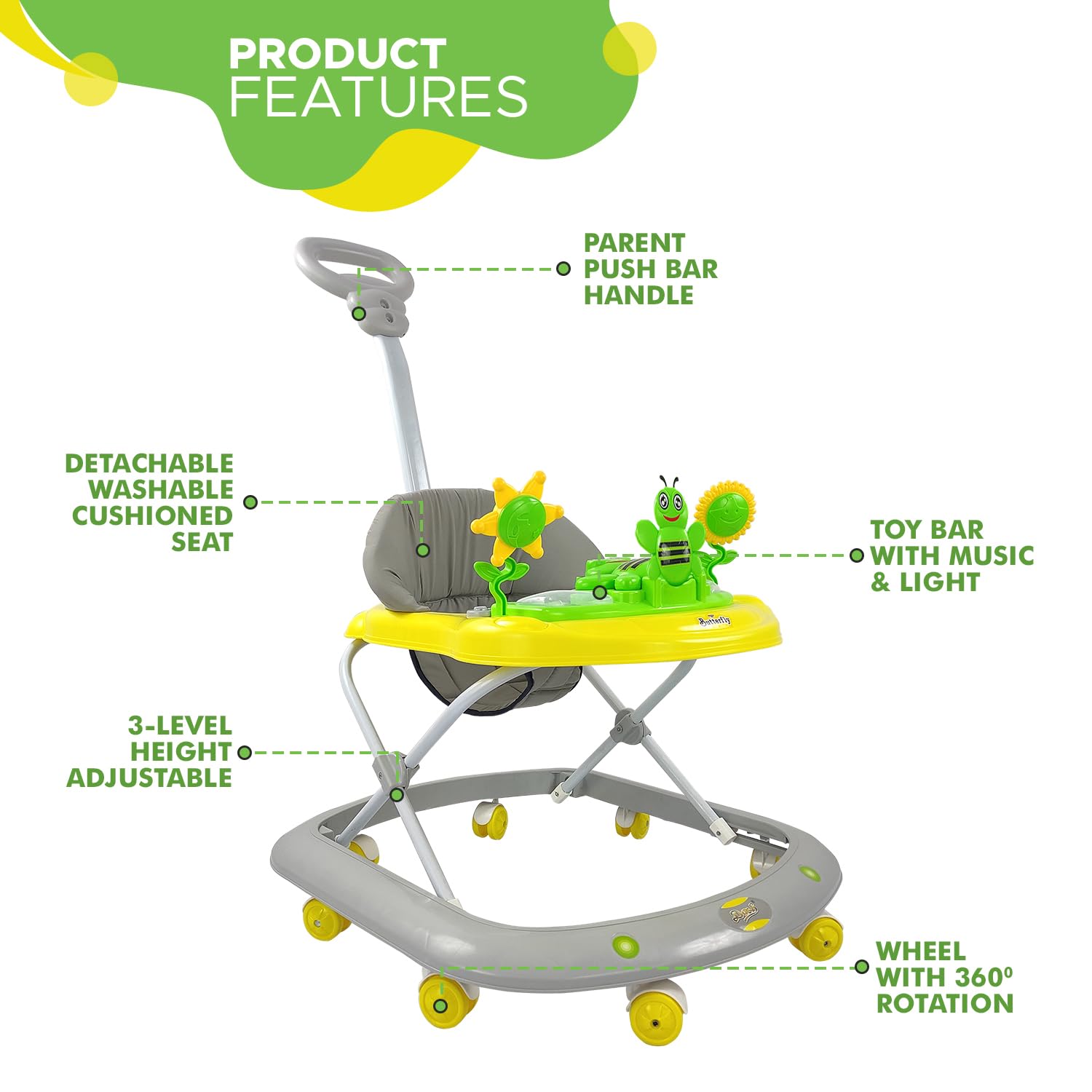 Sturdy and colorful baby walker in a natural outdoor setting, equipped with engaging butterfly-themed toys and Usmile branding. www.usmile.toys