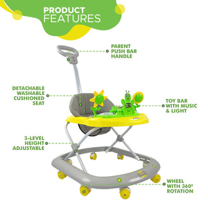 Sturdy and colorful baby walker in a natural outdoor setting, equipped with engaging butterfly-themed toys and Usmile branding. www.usmile.toys