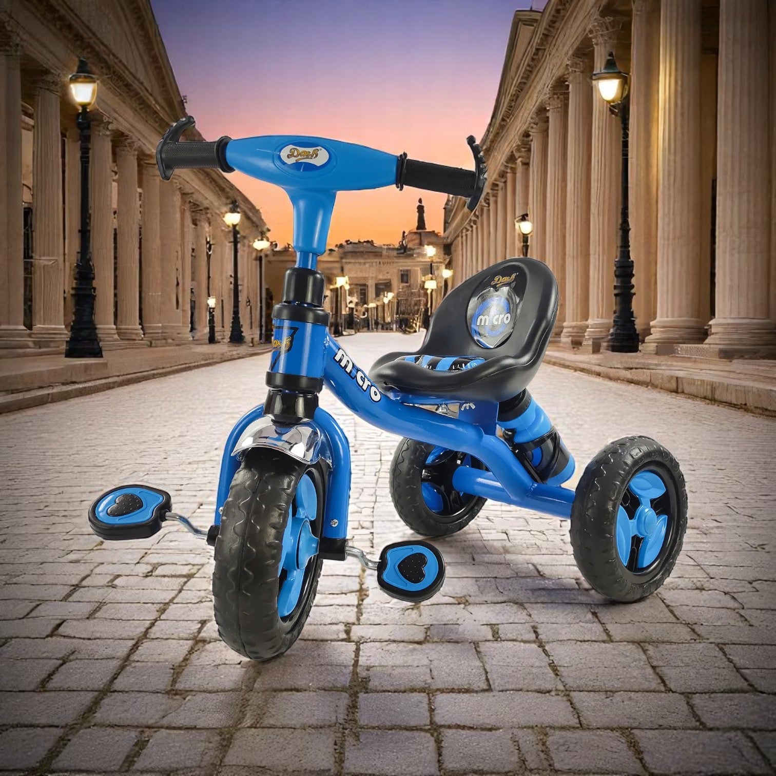 blue tricycle for children aged 3 to 5 years, with a sturdy frame and comfortable seat, in an urban setting. www.usmile.toys